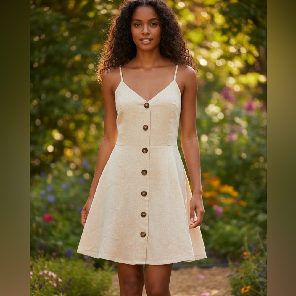 More To Come Beige Linen Blend Button Front Mini Sundress XS Oatmeal‎ V-Neck